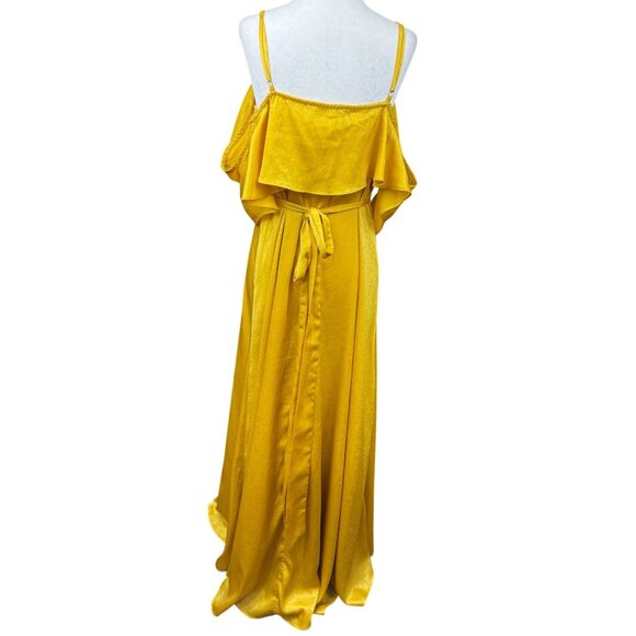 NEW Lulus XL Yellow Ruffled Cold Shoulder Maxi Wrap Satin Dress Formal Gown Chic - Picture 5 of 13